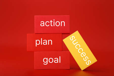 Trendy minimal success formula or business development or strategy concept in red colors.Goal, plan, action written on red and yellow rectangles against red backgroundの写真素材