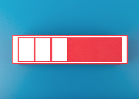 Red loading progress bar or charging battery on blue background. Minimal concept of loading status