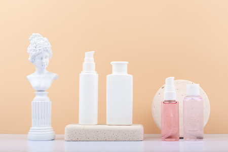 Set of cosmetic products with gypsum figure and geometric podiums on white table against beige background.の写真素材