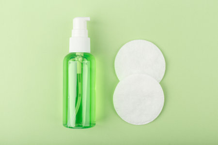 Close up of skin cleansing foam or gel next to two cotton pads on light green backgroundの写真素材