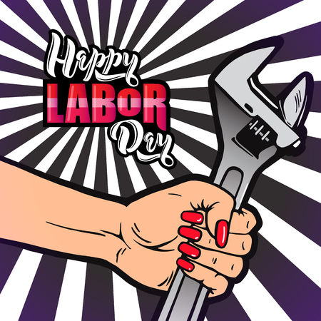 Happy Labor Day lettering. Cartoon female hand with manicure holds adjustable wrench. Typography vector design for Labor day greeting cards and poster. Design template celebration. Vector illustrationのイラスト素材