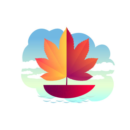 Vector autumn illustration. A boat with a sail in the form of an autumn leaf floating in a puddle and isolated on a white background.のイラスト素材