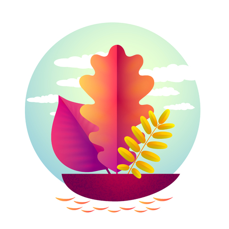 Vector autumn illustration. A boat with a sail in the form of an autumn leaf floating in a puddle and isolated on a white background.のイラスト素材