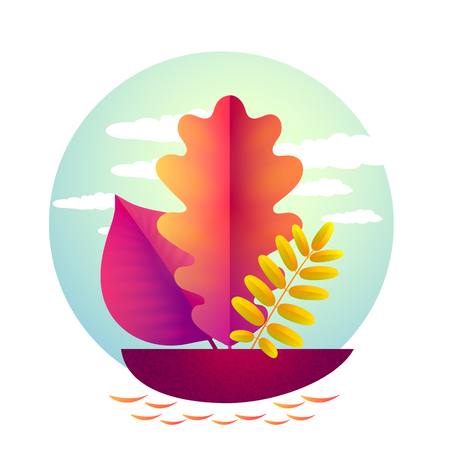 Vector autumn illustration. A boat with a sail in the form of an autumn leaf floating in a puddle and isolated on a white background.のイラスト素材