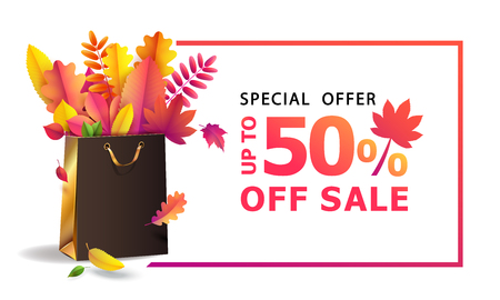 Vector illustration of bright bouquet of autumn fallen leaves in gift paper shopping bag with gold ribbon. Isolated on transparent background. Luxury, festive carton package. Mock up for your designのイラスト素材