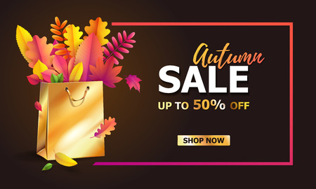 Vector illustration of bright bouquet of autumn fallen leaves in gift paper shopping bag with gold ribbon. Isolated on transparent background. Luxury, festive carton package. Mock up for your designのイラスト素材