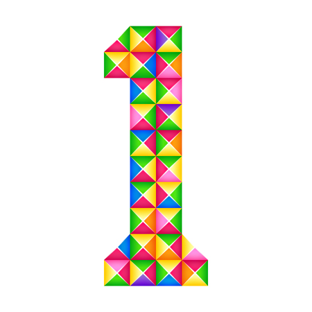 Paper cut, origami number 1 ( first ) Realistic 3D origami effect isolated. Figure of alphabet, digit. Decoration element for baby birthday, anniversary kids design, year. Colored cartoon number oneのイラスト素材