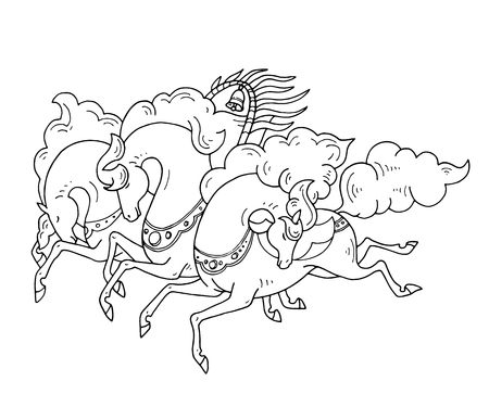 Vector contour line three Russian horses in russian style. Troika galloping horses in blackoutline color on white background For creation of greeting cards, posters, banners, souvenirs, T shirt designのイラスト素材