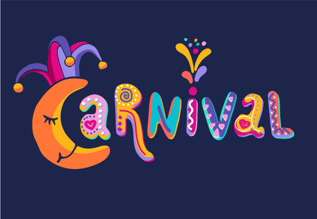 Hand drawn Carnival Lettering logotype, badge, icon crescent, hat. Masquerade poster, greeting card, invitation. Celebration decorate. Party. Festive Carnaval Banner, Feast vector lettering typographyのイラスト素材