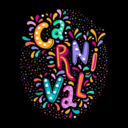 Bright colorful vector illustration. Carnival festival decorate handwritten lettering text. Frame with colorful confetti and fireworks. Popular Event in Brazil. Carnival Title, Colorful Party Elementsのイラスト素材