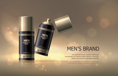 Cosmetic products series skin care ads template, Advertising magazine page. Vector 3d Realistic deodorant, spray hair bottles, package mock up for cosmetic products, batcher, text, shining backgroundのイラスト素材