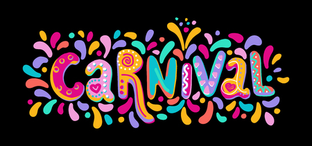 Hand drawn vector Carnival Lettering with Flashes of firework, colorful confetti. Festive title, headline banner.のイラスト素材