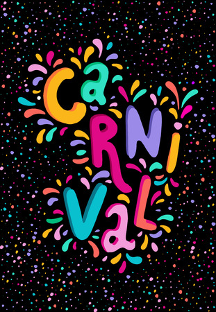 Hand drawn Carnival Lettering. Festive badge, banner. Masquerade Party poster greeting card, invitation. Celebration decorate. Flashes of firework, colorful confetti. Feast vector lettering typographyのイラスト素材