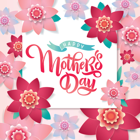 Vector Mother's day bright greeting card with festive beautiful calligraphy lettering, spring red and pink blossom flowers frame background, ribbon. Text Happy Mother's Day for celebration MOM day.のイラスト素材
