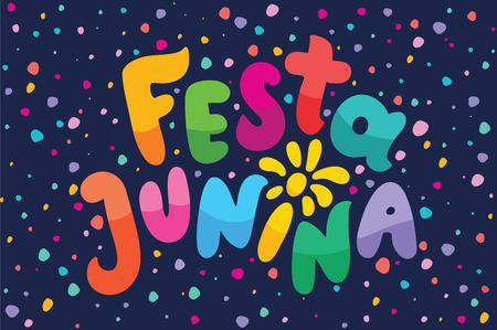 Brazilian Traditional Celebration Festa Junina illustration. Bright cartoon lettering text Festa Junina. Festive Typographic Vector Art with flashes of festive fireworks. Feast logo in a flash frameのイラスト素材