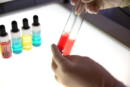 In the medical laboratory. Set of tubes and bottles with colored liquid