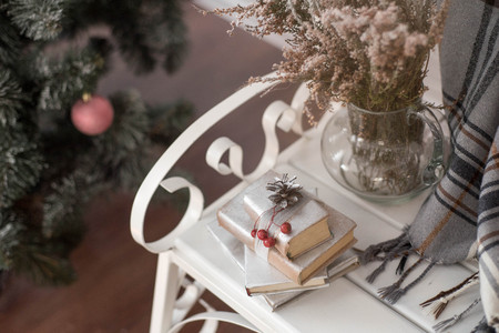 New Year's decor. Fir tree, candlesticks with candlesの写真素材