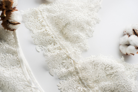 Set of lingerie, beige with black white ribbons. On white background on white background decorated with dried cotton flowersの写真素材