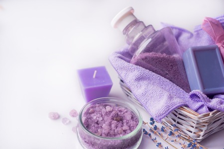 Lavender flower,oil,salt. beauty spa concept. Lots of free space for your letteringの写真素材
