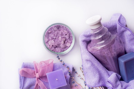 Lavender flower,oil,salt. beauty spa concept. Lots of free space for your letteringの写真素材