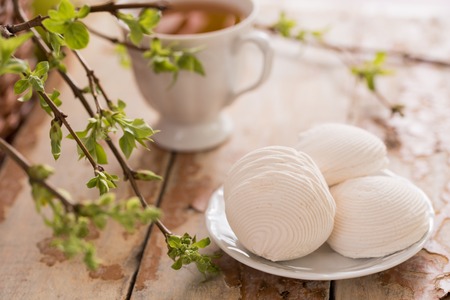 Beautiful composition with cup of tea and marshmallow. Spring Breakfast. A cup of tea with a white marshmallow on a wooden background. Sprigs of a tree with green buds and leaves.の写真素材