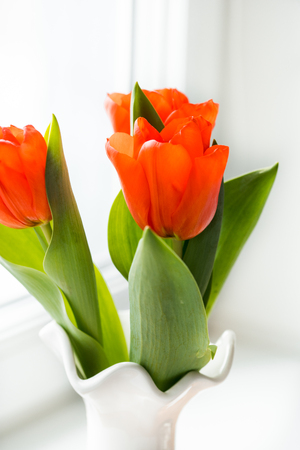 red tulips in a white vase, Easter cake, spring baking cake on a black plate. on the tableの写真素材