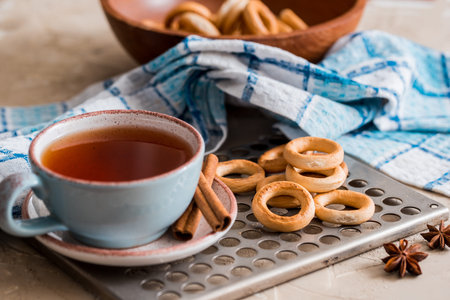 Bakery food, dessert, A cup of tea with bread, bagels, Russian tradition, spring breakfast Vintazhny background tray on the tableの写真素材