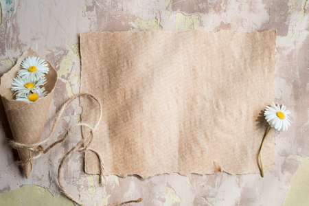 Chamomile herbarium composition on a craft paper, Summer concept. old notebook inscription sheet. Copy space, top viewの写真素材