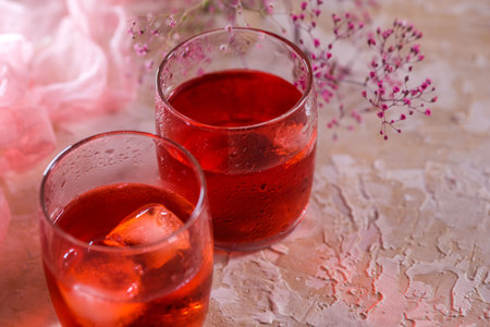 Blackberry Lemonade with lavender on a vintage light background. copy spase