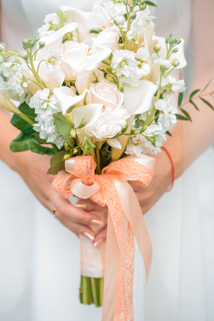 the bride holding the wedding bouquet, White Koala flowers and rosesの写真素材