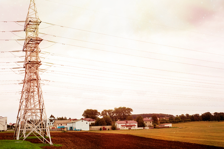 Summer solar field power transmission tower, Electricity Wiresの写真素材