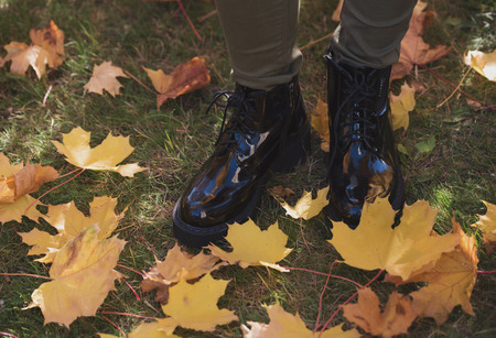 Female legs in black patent leather boots standing on a carpet of yellow fallen maple leaves while walking in an autumn park.の写真素材