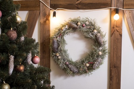 Christmas wreath on woodenの写真素材