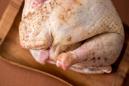 Raw goose, ready to cook, spices apples, vegetables, greens on a woodenの写真素材