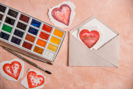 Watercolor heart on a pinkの写真素材