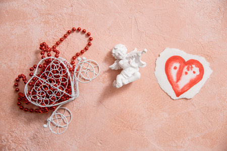 Valentine pink, red beads, heart watercolor. Drawing on paper with watercolor.