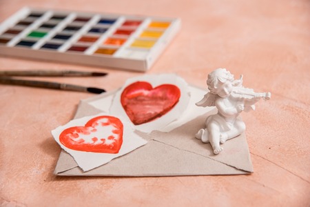 Painted heart. Red heart, watercolor or paint, pink Valentine.の写真素材