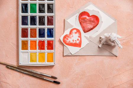 Painted heart. Red heart, watercolor or paint, pink Valentine.の写真素材
