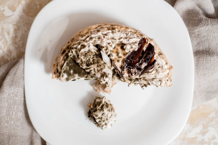 Fungus growth on chocolate cake. Gray background. white plate. Selective focus
