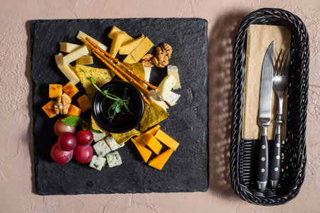 Flat lay of cheese platter with cheese assortment, figs and nuts over grey concrete background, top...