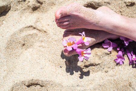 Bare feet on the beach, yellow sand, an exotic flower on the toes of the feet, hot sun, blue sea. Summer and holidaysの写真素材