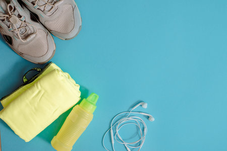 Flat lay shot of Sport equipment. Sports, running shoes, headphones, a glass of clean water and a...