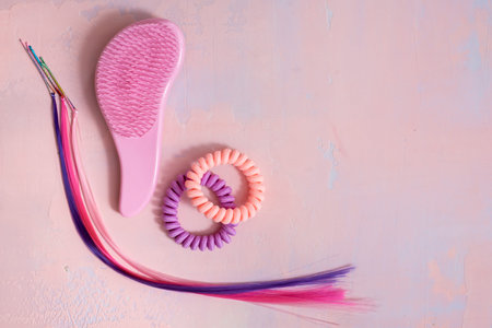 pink comb, purple bright hair. Decoration for teenage girls. Silicone rubber band.