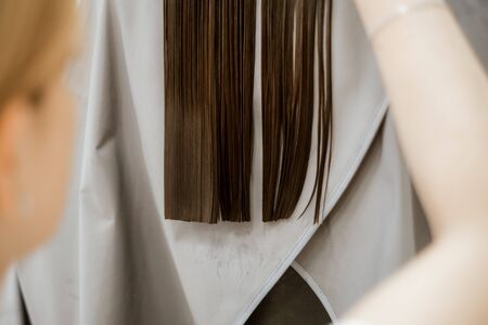 Hairdresser's hands cutting hair. Long brunette hair, grooming and haircut at the hairdresser. Beauty salon for womenの写真素材