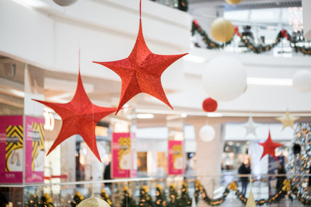 Shopping center decorated with christmas ornaments and lights