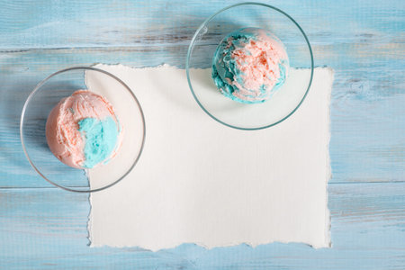 Botany on paper. notebook and postcard. bright blue pink ice cream on a light blue background. Copy...
