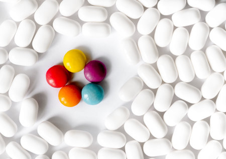 White and bright multi-colored pills on bright white