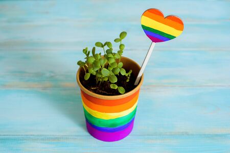 Multi-colored drawing by paints. potted rainbow, young sprouts, colorful flower.Multi-colored drawing by paints. bright card.Equality betwee. LGBT concept. lesbian gay , bisexual transsexualの写真素材