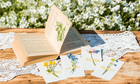 Open vintage book, blue forget-me-not flowers, wooden table, cozy morning in village, sunny summer,...