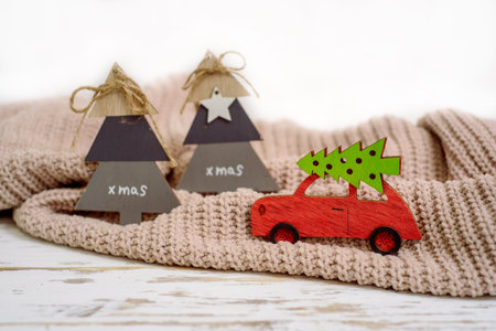 Christmas holiday concept with pine tree on toy car.の写真素材